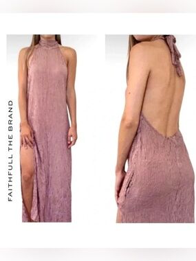 Faithfull The Brand Halter Mirror Door Striped Red Maxi Dress Slit Sides Size 6